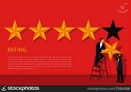 Rating poster with two man on ladder hanging fifth star, appreciation of high level grade, evaluation ranking sign, businessman giving highest mark vector. Rating Poster Two Man on Ladder Hanging Fifth Star