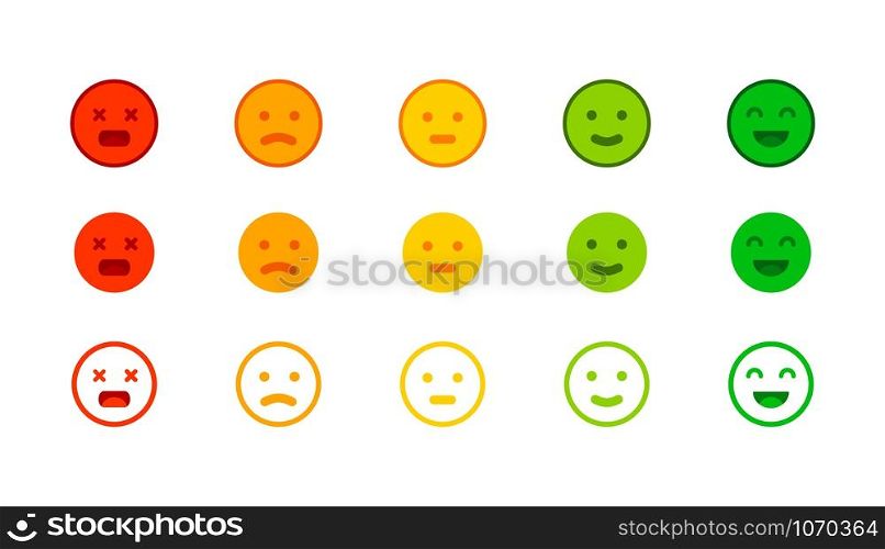 Rating scale. Feedback horizontal row rating meter with face emotion paediatrics icons. Vector illustration of customers review. Yellow orange red green color to express an attitude towards something. Rating scale. Feedback horizontal row rating meter with face emotion paediatrics icons. Vector illustration of customers review