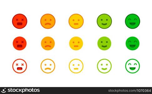 Rating scale. Feedback horizontal row rating meter with face emotion paediatrics icons. Vector illustration of customers review. Yellow orange red green color to express an attitude towards something. Rating scale. Feedback horizontal row rating meter with face emotion paediatrics icons. Vector illustration of customers review