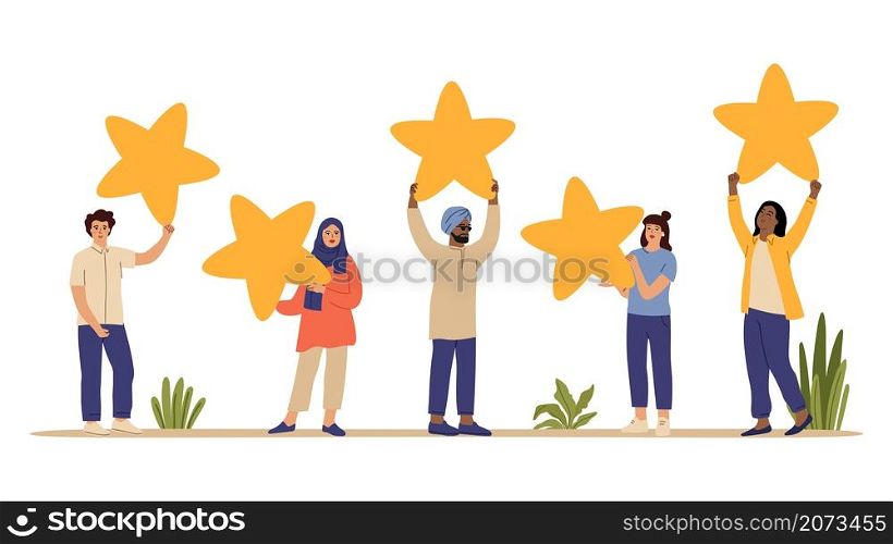 Rating star. Customers review, people holding feedback five stars. Isolated diverse multicultural men women vector character. Customer rating, best stars opinion illustration. Rating star. Customers review, people holding feedback five stars. Isolated diverse multicultural men women vector characters