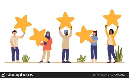 Rating star. Customers review, people holding feedback five stars. Isolated diverse multicultural men women vector character. Customer rating, best stars opinion illustration. Rating star. Customers review, people holding feedback five stars. Isolated diverse multicultural men women vector characters