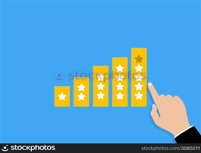 Rating stars. Feedback concept. Businessman hand with star rating. Client choosing satisfaction rating. Review positive. Vector illustration