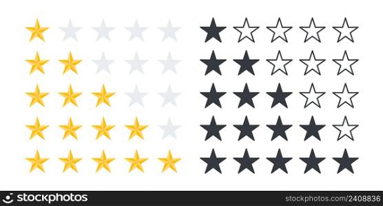 Rating stars icons. Product rating or customer review with gold stars and half star. Vector icons