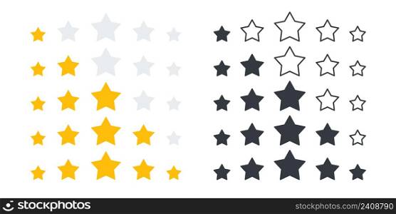 Rating stars icons set. Feedback icons. Product rating or customer review with gold stars and black stars. Vector icons