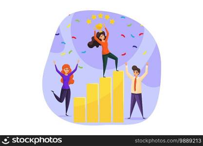Rating, success, celebration, goal achievement, business profit, teamwork concept. Team of businessman women partners coworkers rejoice victory with gold trophy cup. Five star ranking reaching purpose. Rating, success, celebration, goal achievement, feedback, profit, teamwork, business concept