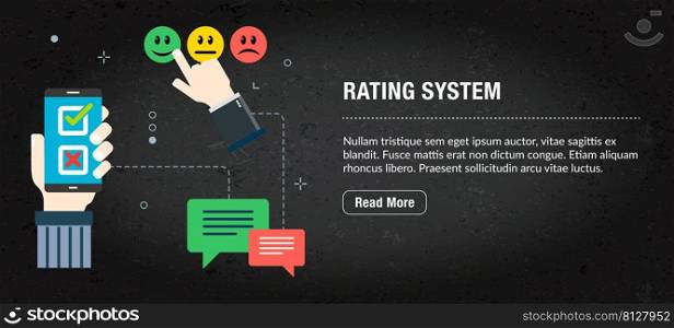 Rating system concept banner internet with icons in vector. Web banner template for website, banner internet for mobile design and social media app. Business and communication layout with icons.
