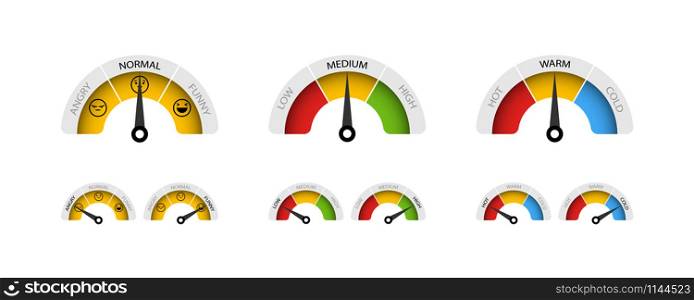 Rating Temperature, Customer Satisfaction and Emoticons. Collection Rating of different feedback, in view of Tachometer, Speedometer, Indicators. Angry, normal and funny emoticons. Low, medium, high feedback customer satisfaction. Cold, warm, hot temperature gauge. Vector illustration