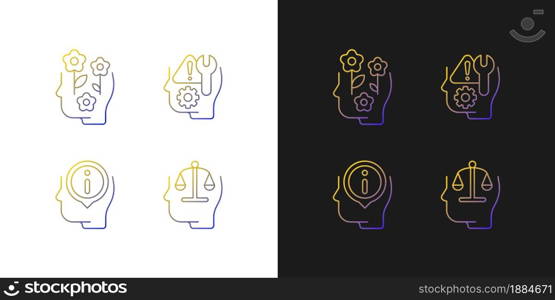 Rational and emotional mindset gradient icons set for dark and light mode. Positive attitude. Thin line contour symbols bundle. Isolated vector outline illustrations collection on black and white. Rational and emotional mindset gradient icons set for dark and light mode