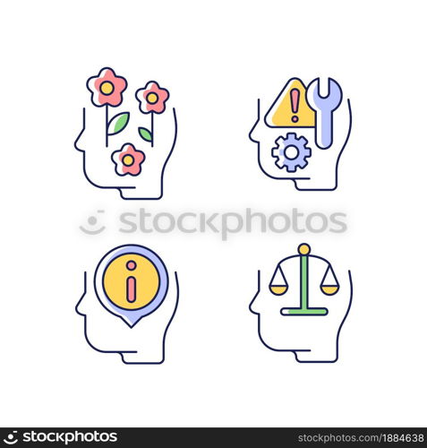 Rational and emotional mindset RGB color icons set. Positive attitude. Rationality. Emotional intelligence. Self correction. Isolated vector illustrations. Simple filled line drawings collection. Rational and emotional mindset RGB color icons set