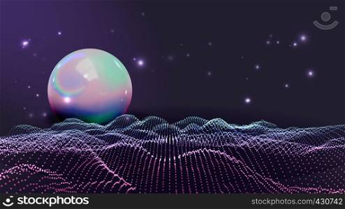 Rave, Retro, Futuristic Style Waves Vector Background. Rave Party, Discotheque Banner Backdrop. Abstract Shiny Sphere And Hills. Electronic Music, Disc Jockey Festival, Concert 3D Illustration. Rave, Retro, Futuristic Style Waves Vector Background