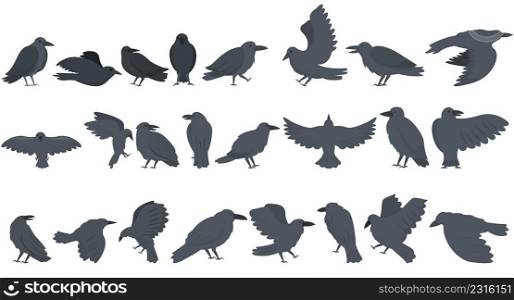 Raven icons set cartoon vector. Animal bird. Dark feather. Raven icons set cartoon vector. Animal bird