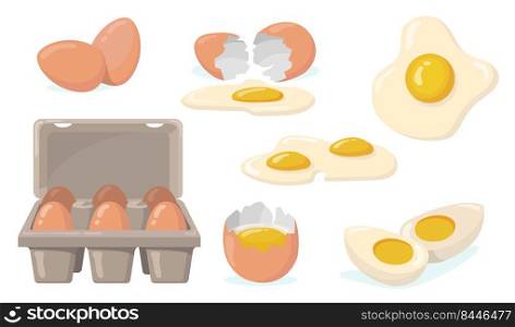 Raw, broken, boiled and fried eggs flat item set. Cartoon domestic chicken eggs with yellow yolk isolated vector illustration collection. Organic farm products and food concept