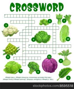 Raw cabbage vegetables on crossword puzzle worksheet, find word quiz game, vector grid. Kids education riddle crossword to guess kohlrabi, cauliflower and broccoli cabbages with kohlrabi and kale. Raw cabbage vegetables, crossword puzzle worksheet