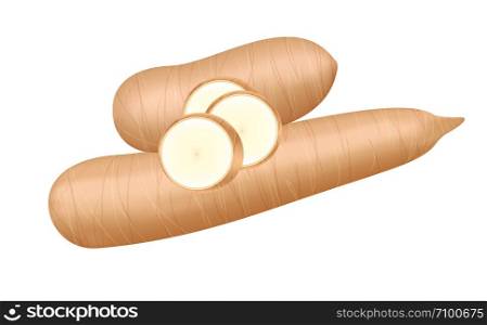 raw cassava fresh isolated on white background, cassava cut slice for tapioca flour industry or ethanol industry, pile yucca cassava tuber, raw manioc cassava in top view