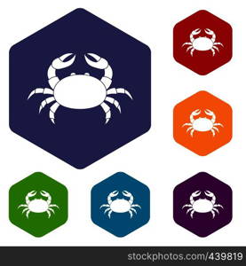 Raw crab icons set hexagon isolated vector illustration. Raw crab icons set hexagon