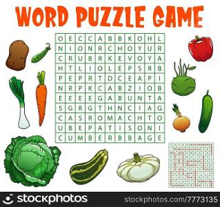 Raw farm isolated vegetables word search vector puzzle game worksheet. Kids quiz or education riddle with veggie food, cartoon carrot, pepper, onion and cabbage, zucchini, pea, kohlrabi and cucumber. Raw farm vegetables word search puzzle game
