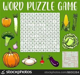 Raw farm vegetables on word search puzzle game worksheet. Child quiz grid, logical puzzle or game, kids intelligence test with words in find task. Children riddle with cartoon vector ripe veggies. Farm vegetables on word search game worksheet