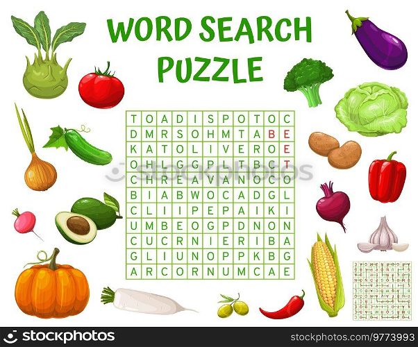 Raw farm vegetables, word search puzzle game worksheet, vector quiz. Search and find word riddle grid with corn, tomato and cucumber, potato with corn and kohlrabi cabbage, broccoli and avocado. Raw farm vegetables, word search puzzle game quiz