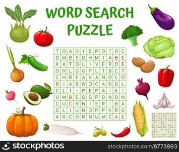 Raw farm vegetables, word search puzzle game worksheet, vector quiz. Search and find word riddle grid with corn, tomato and cucumber, potato with corn and kohlrabi cabbage, broccoli and avocado. Raw farm vegetables, word search puzzle game quiz