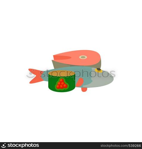 Raw fish and caviar icon in cartoon style on a white background. Raw fish and caviar icon, cartoon style