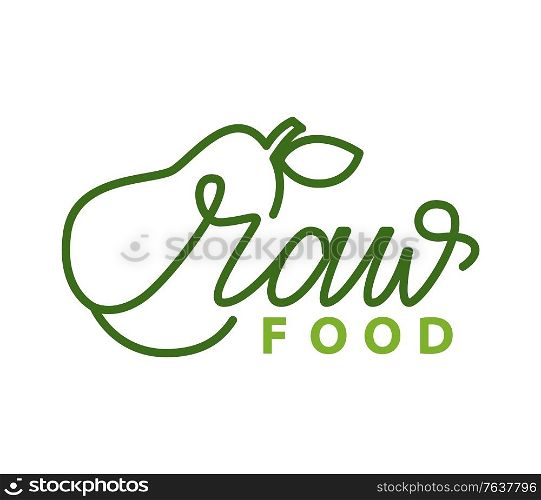 Raw food and fruit silhouette, natural product inscription, isolated lettering and organic promo. Vector ecology clean nutrition with vegetables, dieting. Raw Food and Fruit Silhouette, Natural Product