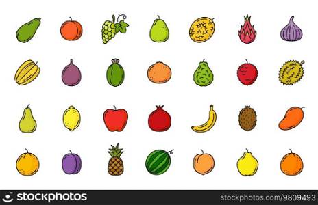 Raw fruit color line icons. Farm harvest outline symbols, healthy food thin line vector pictogram tropical fruits with mango, peach and grape, pear, melon, pitaya, kiwi and watermelon, plum icons. Raw tropical and exotic fruits color line icons
