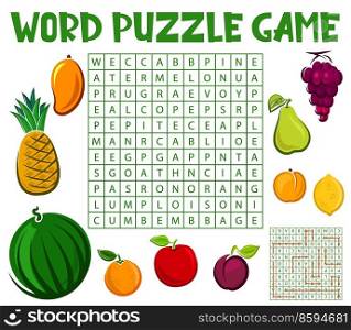 Raw fruits, word search puzzle game worksheet, vector kids quiz riddle. Crossword grid puzzle game to find words of watermelon, apple and orange, tropical mango and peach with lemon and plum. Raw fruits, word search puzzle game worksheet