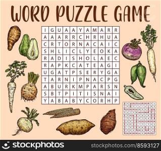 Raw isolated vegetable sketches on word search puzzle game worksheet. Children quiz grid, educational puzzle or logical game, kids intelligence test vector book page template with word search task. Word search puzzle game with vegetable sketches