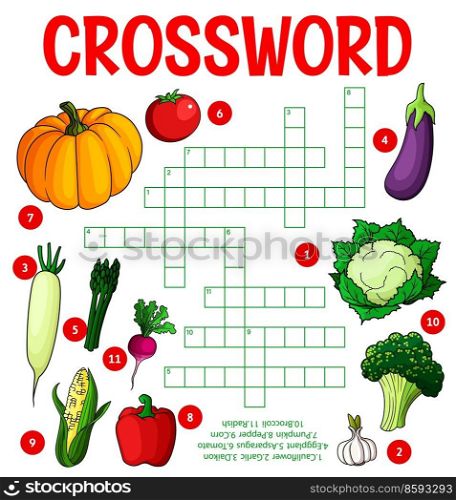 Raw isolated vegetables, crossword puzzle worksheet or word quiz, vector game. Farm vegetables riddle to guess crossword of cauliflower, garlic and daikon with eggplant and asparagus or pumpkin. Raw isolated vegetables crossword puzzle worksheet