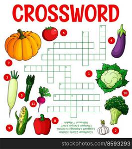 Raw isolated vegetables, crossword puzzle worksheet or word quiz, vector game. Farm vegetables riddle to guess crossword of cauliflower, garlic and daikon with eggplant and asparagus or pumpkin. Raw isolated vegetables crossword puzzle worksheet