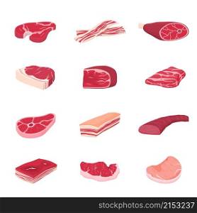 Raw meat collection. Flat meats icons, food cooked pork. Isolated fresh slice, beef chicken steak. Cartoon bacon or ham recent vector set. Illustration meat and steak, meal beef and pork. Raw meat collection. Flat meats icons, food cooked pork. Isolated fresh slice, beef chicken steak. Cartoon bacon or ham recent vector set