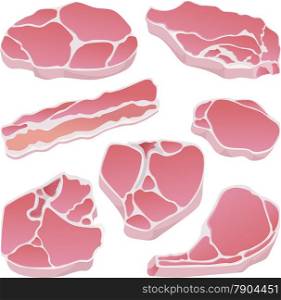 Raw pork cuts isolated on white background.