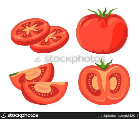 Raw ripe tomato vegetables, cooking and preparing food. Isolated icon of veggie, tasty natural and organic meal, healthy dieting, and nutrition full of vitamins and minerals. Vector in flat style. Organic ripe tomato sliced vegetable vector set
