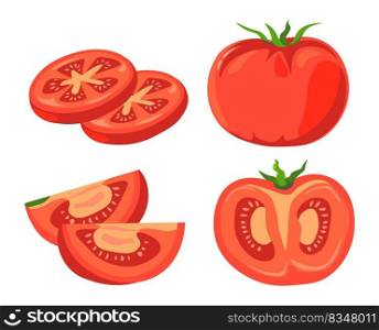 Raw ripe tomato vegetables, cooking and preparing food. Isolated icon of veggie, tasty natural and organic meal, healthy dieting, and nutrition full of vitamins and minerals. Vector in flat style. Organic ripe tomato sliced vegetable vector set