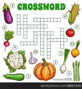 Raw sketch vegetables. Crossword grid worksheet. Find a word quiz game, vector text riddle or kids vocabulary quiz with eggplant, radish and cauliflower, zucchini, corn and tomato, onion and asparagus. Raw sketch vegetables crossword grid worksheet