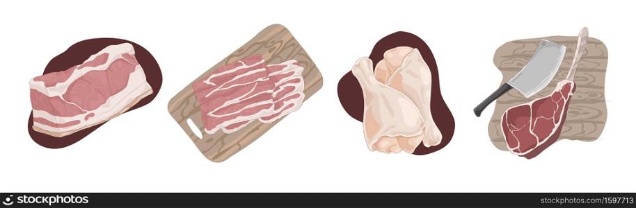 Raw uncooked meat, pork fillet, bacon slices, chicken legs, ham hough, beef gammon, delicious barbecue ingredients set. Butcher shop assortment concept cartoon sketch. Flat vector illustration. Raw uncooked meat, pork fillet, bacon slices, chicken legs, ham hough, beef gammon, delicious barbecue ingredients set