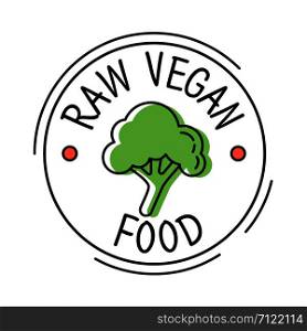 Raw Vegan food label line style logo with green broccoly, sticker template for product packaging, vector illustration. Raw Vegan food label line style logo with green broccoly, sticker template for product packaging, vector