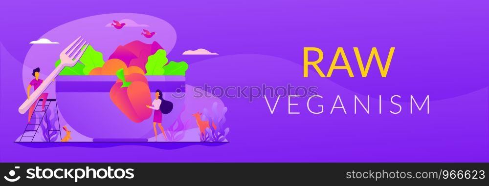 Raw veganism, raw foodism, fruitarianism, juicearianism and sproutarianism concept. Vector banner template for social media with text copy space and infographic concept illustration.. Raw veganism web banner concept.