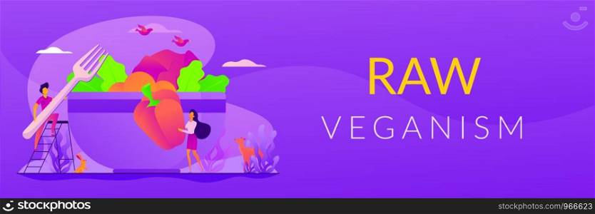 Raw veganism, raw foodism, fruitarianism, juicearianism and sproutarianism concept. Vector banner template for social media with text copy space and infographic concept illustration.. Raw veganism web banner concept.