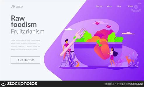 Raw veganism, raw foodism, fruitarianism, juicearianism and sproutarianism concept. Website homepage interface UI template. Landing web page with infographic concept hero header image.. Raw veganism landing page template.