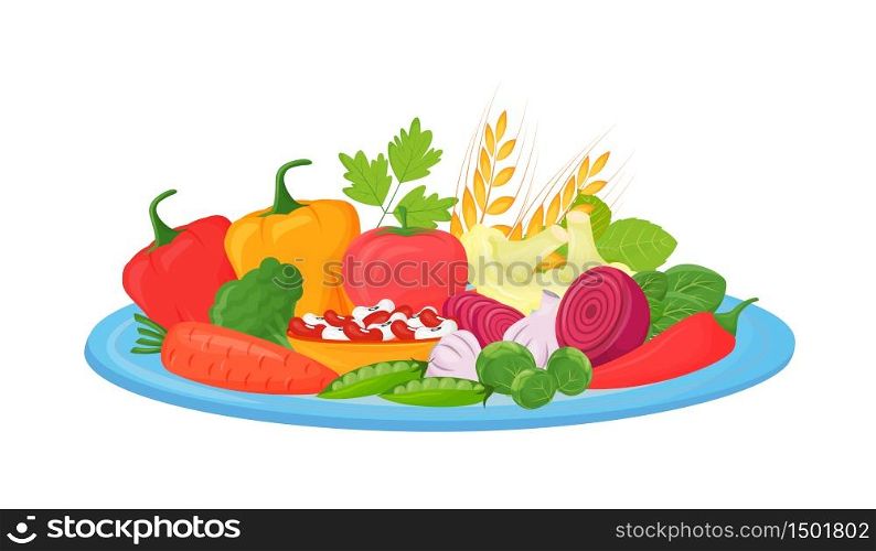 Raw vegetables, beans and cereals cartoon vector illustration. Foods rich in fiber, vitamins and minerals flat color object. Vegan, vegetarian products. Healthy diet isolated on white background. Raw vegetables, beans and cereals cartoon vector illustration