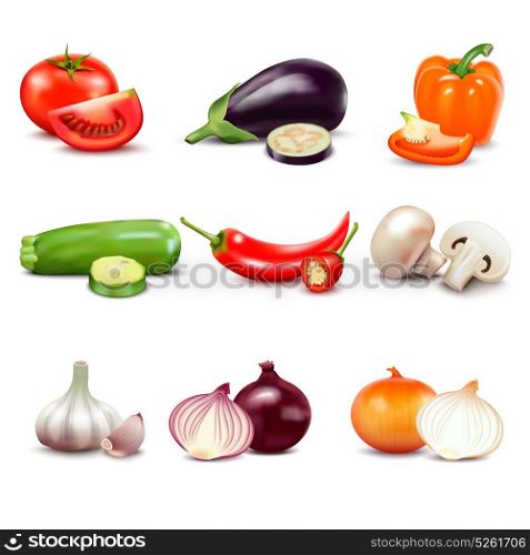 Raw Vegetables Isolated Icons . Raw vegetables with sliced isolated realistic icons with pepper eggplant garlic mushroom courgette tomato onion cucumber vector illustration