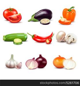 Raw Vegetables Isolated Icons . Raw vegetables with sliced isolated realistic icons with pepper eggplant garlic mushroom courgette tomato onion cucumber vector illustration