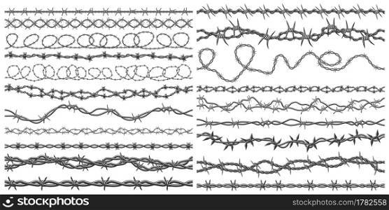 Razor wire silhouettes. Barbed wire metallic border elements, sharply barb wire fencing vector symbols set. Prison barbed wire. Twisted steel protective barrier with spikes collection. Razor wire silhouettes. Barbed wire metallic border elements, sharply barb wire fencing vector symbols set. Prison barbed wire