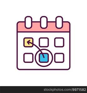 Re-schedule RGB color icon. Re-arrangement for appointment. Time management and event planning. Pre-launch organization. Change project deadline. Date of calendar. Isolated vector illustration. Re-schedule RGB color icon