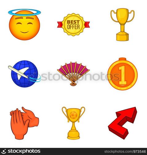 Reach icons set. Cartoon set of 9 reach vector icons for web isolated on white background. Reach icons set, cartoon style