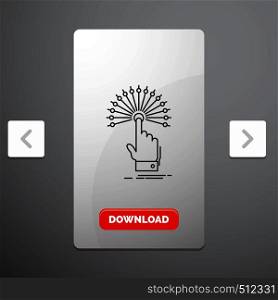 reach, Touch, destination, digital, analytic Line Icon in Carousal Pagination Slider Design & Red Download Button. Vector EPS10 Abstract Template background
