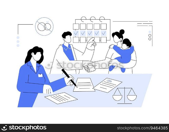 Reaching custody agreement abstract concept vector illustration. Divorced parents deals with kid joint physical custody, government sector, bureaucracy industry, court approval abstract metaphor.. Reaching custody agreement abstract concept vector illustration.