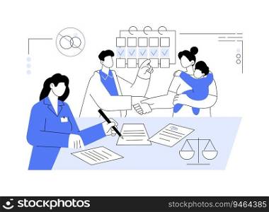 Reaching custody agreement abstract concept vector illustration. Divorced parents deals with kid joint physical custody, government sector, bureaucracy industry, court approval abstract metaphor.. Reaching custody agreement abstract concept vector illustration.