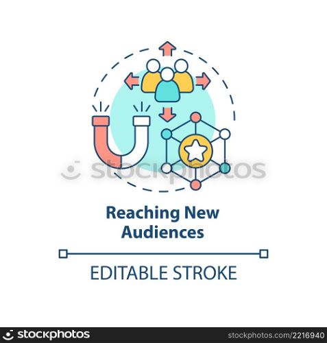 Reaching new audiences concept icon. Advertising campaign. SMM marketing trend abstract idea thin line illustration. Isolated outline drawing. Editable stroke. Arial, Myriad Pro-Bold fonts used. Reaching new audiences concept icon